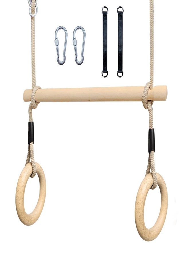 ROPECUBE Wood Trapeze Swing Bar with Gymnastic Rings，Warrior Accessories for Obstacle Course Monkey Bars for Indoor Outdoor Garden，Backyard, Playground, Playroom（Light Brown） - Image 1