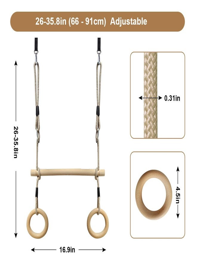 ROPECUBE Wood Trapeze Swing Bar with Gymnastic Rings，Warrior Accessories for Obstacle Course Monkey Bars for Indoor Outdoor Garden，Backyard, Playground, Playroom（Light Brown） - Image 5