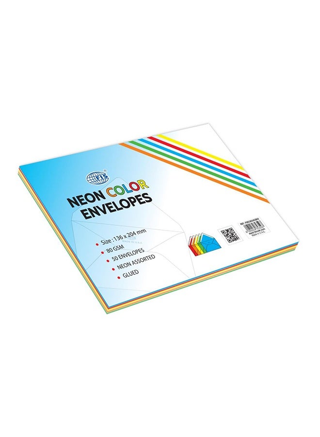 FIS Color Envelopes, Neon Assorted, Glued, 50 Pieces, 136 x 204mm, 80 GSM