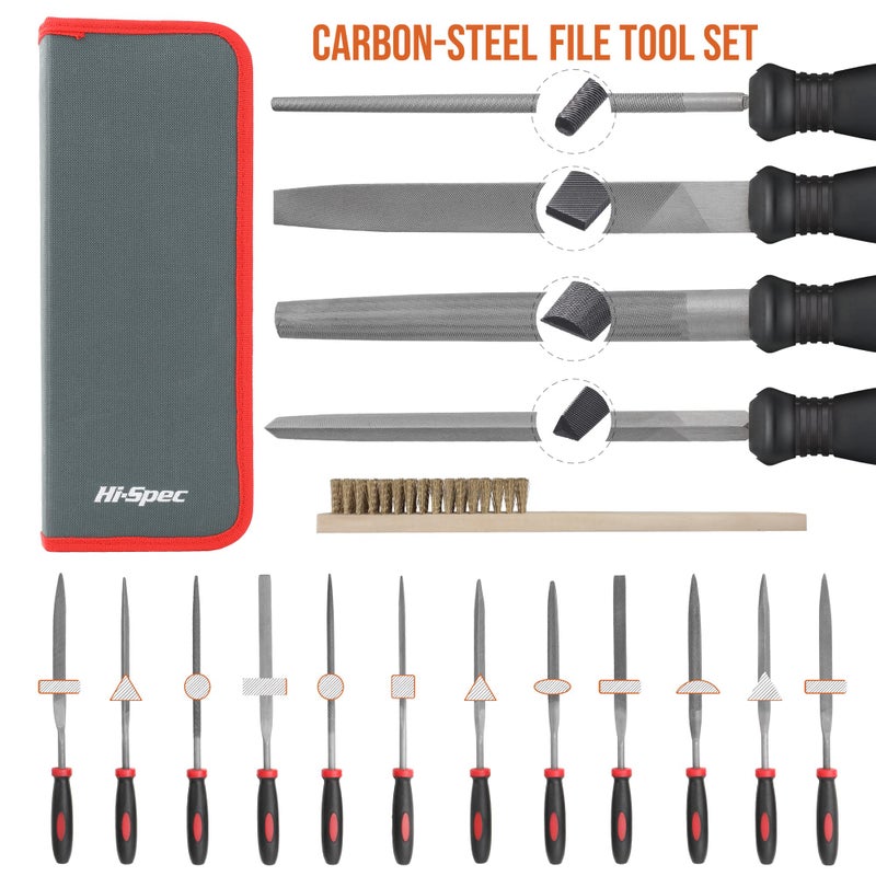 Hi-Spec 17 Piece Metal Hand & Needle File Tool Kit Set. Large & Small Mini T12 Carbon Steel Flat, Half-Round, Round & Triangle Files. Complete in a Zipper Case with a Brush - Image 2