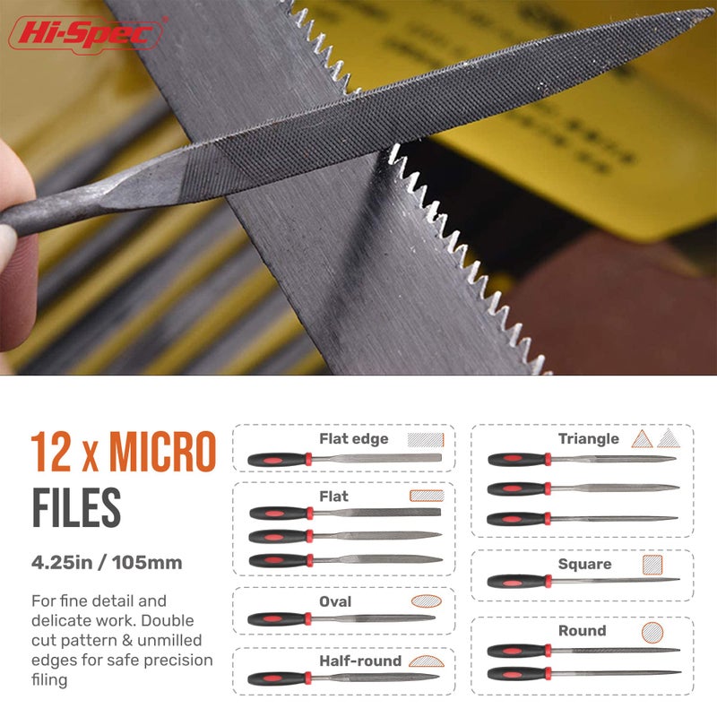 Hi-Spec 17 Piece Metal Hand & Needle File Tool Kit Set. Large & Small Mini T12 Carbon Steel Flat, Half-Round, Round & Triangle Files. Complete in a Zipper Case with a Brush - Image 4