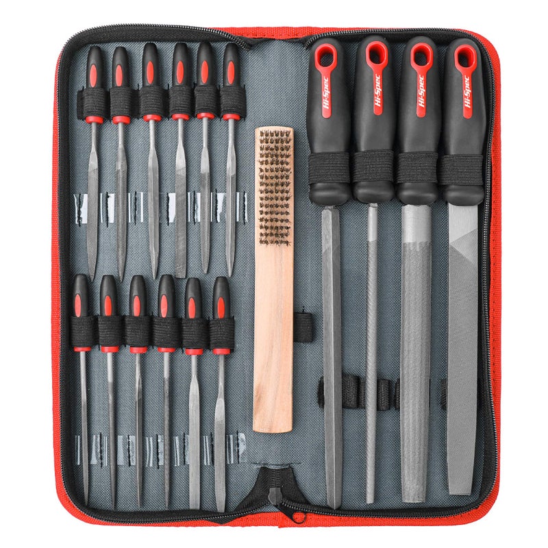 Hi-Spec 17 Piece Metal Hand & Needle File Tool Kit Set. Large & Small Mini T12 Carbon Steel Flat, Half-Round, Round & Triangle Files. Complete in a Zipper Case with a Brush - Image 1