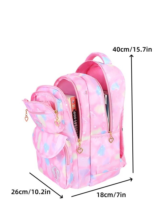 MLADEN 3Pcs Backpacks for Girls, Cute Rainbow School Backpack with Fur ball pendan Pen Bag Set, Multi-Pockets Kids Backpack  For Teen Girls School Backpack (Pink) - Image 2