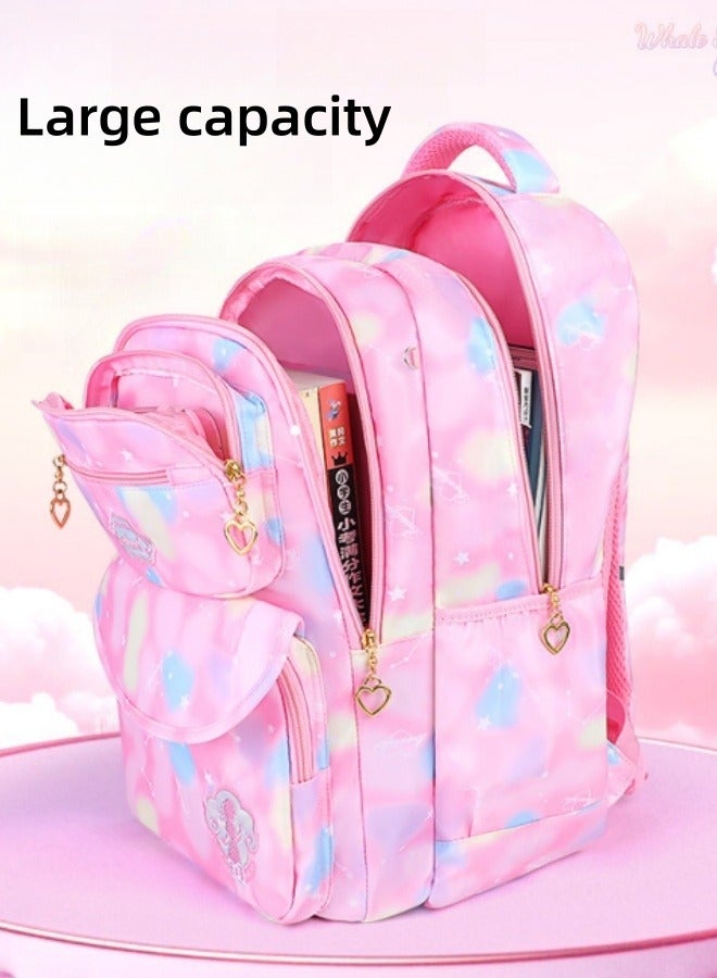 MLADEN 3Pcs Backpacks for Girls, Cute Rainbow School Backpack with Fur ball pendan Pen Bag Set, Multi-Pockets Kids Backpack  For Teen Girls School Backpack (Pink) - Image 3