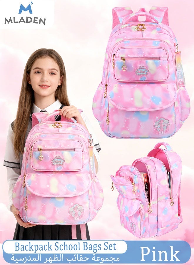MLADEN 3Pcs Backpacks for Girls, Cute Rainbow School Backpack with Fur ball pendan Pen Bag Set, Multi-Pockets Kids Backpack  For Teen Girls School Backpack (Pink) - Image 1