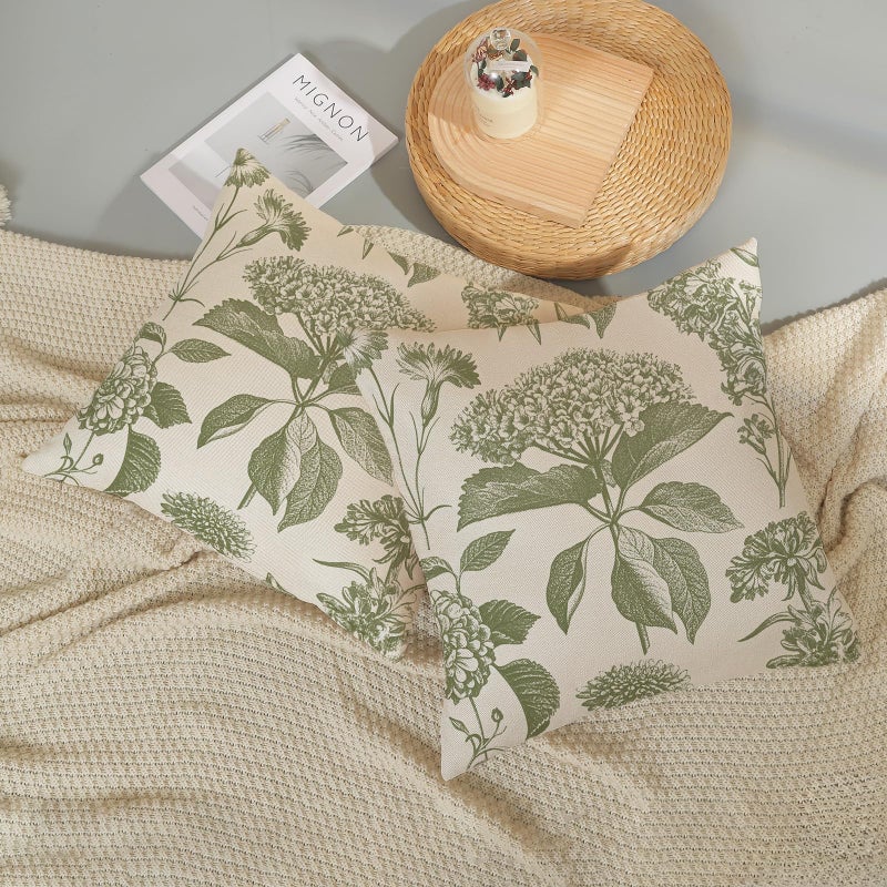 GOLIANDA Sage Green Pillow Covers 18x18 Set of 2 Boho Floral Hydrangea Herbs Botanical Throw Pillow Cover Outdoor Decoration Pillow Cases Vintage Flower Linen Cushion Case Decorative for Couch Sofa - Image 5