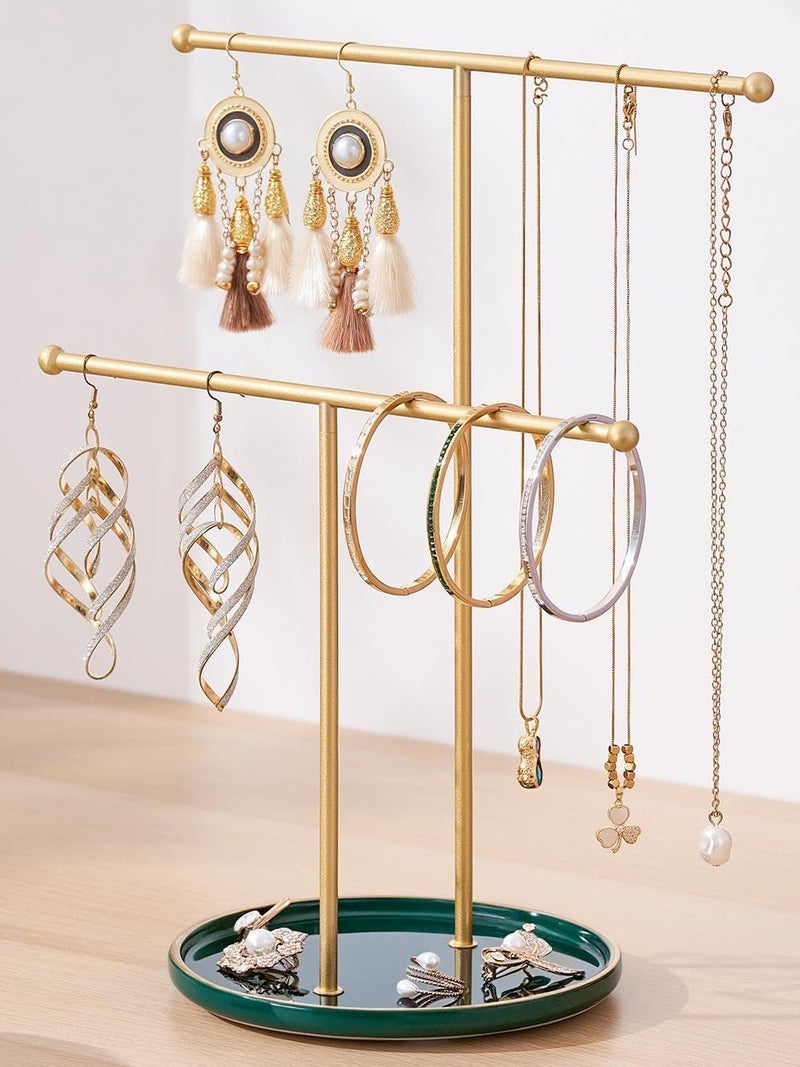 Josmimic Gold Jewelry Holder Stand with Ceramic Tray Small Hanging Necklace Organizer Tree for Earrings Bracelets Rings Jewelry Display Hanger for Women Girls Green - Image 2