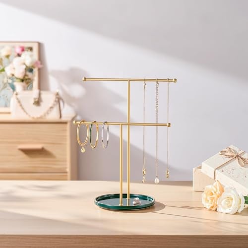 Josmimic Gold Jewelry Holder Stand with Ceramic Tray Small Hanging Necklace Organizer Tree for Earrings Bracelets Rings Jewelry Display Hanger for Women Girls Green - Image 3