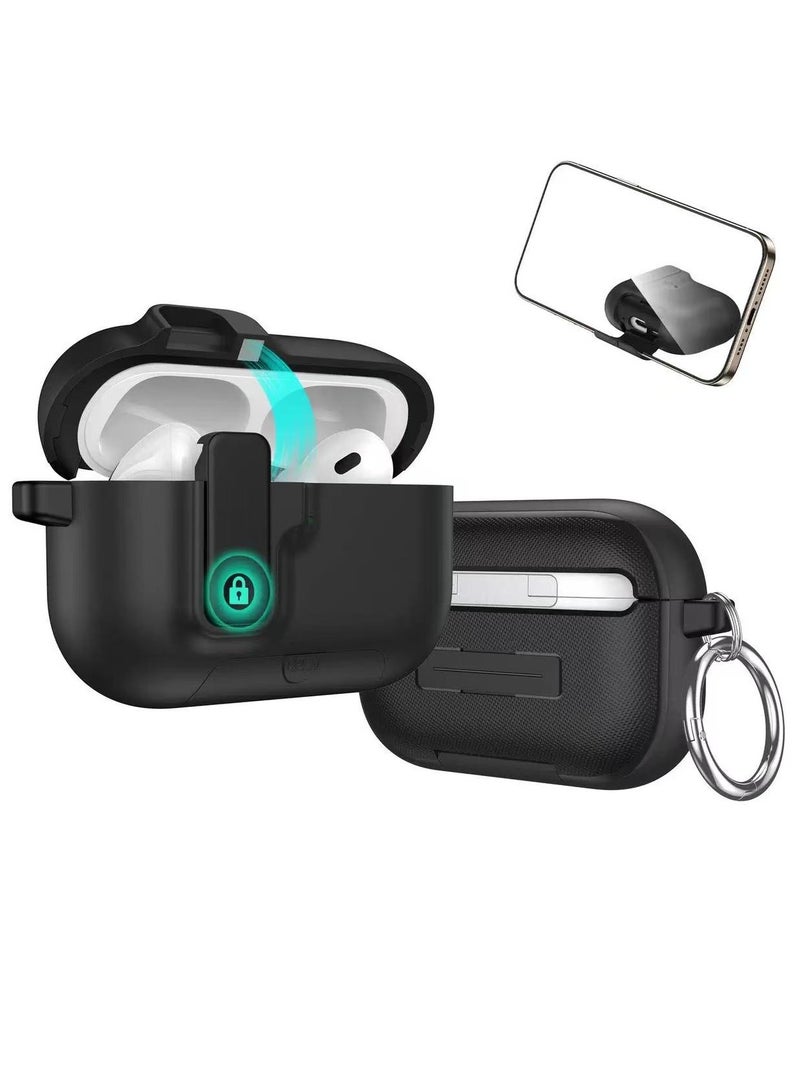 DKNG Compatible with AirPods Pro 3 case, featuring a stand, magnetic closure design, and drop protection lock. The AirPods Pro 3 case supports wireless charging and comes with a carabiner. Black - Image 1