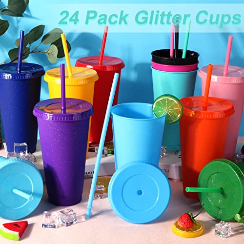 LEIFEOSH 24 Pack Plastic Tumblers with Lids and Straw Reusable Cups with Lids and Straws Colorful Cups for Cold Drink Iced Coffee Plastic Tumbler Bulk for Party Birthday Gifts 24 oz Solid Colors - Image 3