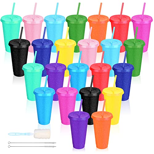 LEIFEOSH 24 Pack Plastic Tumblers with Lids and Straw Reusable Cups with Lids and Straws Colorful Cups for Cold Drink Iced Coffee Plastic Tumbler Bulk for Party Birthday Gifts 24 oz Solid Colors - Image 1