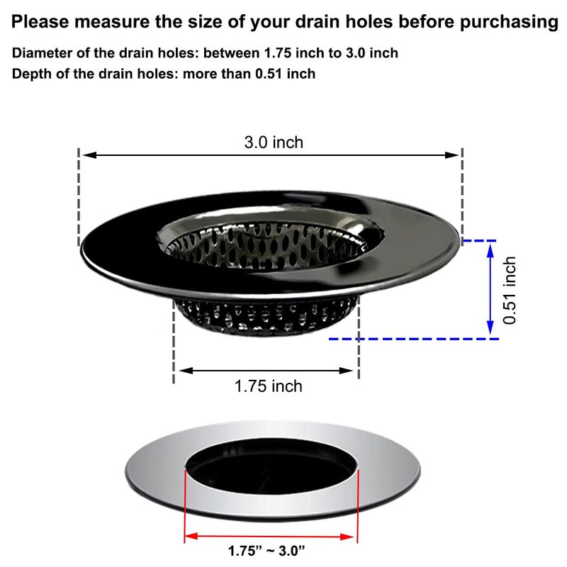 Seatery 1.75" Bathtub Drain Strainers, Shower Drain Hair Catchers, Stainless Steel Drain Filter Cover for Bathroom Laundry Floor Drain, Fit for 1.75"-3.0" Drain Hole Black - Image 2