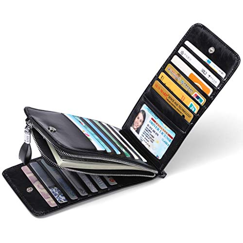 Huztencor Women's Credit Card Holder RFID Blocking Oil Wax Leather Multi Card Organizer Wallet Slim Long Zipper Bi-fold Business Card Case Clutch Wallet with ID Window Black (FBA) - Image 3