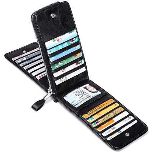 Huztencor Women's Credit Card Holder RFID Blocking Oil Wax Leather Multi Card Organizer Wallet Slim Long Zipper Bi-fold Business Card Case Clutch Wallet with ID Window Black (FBA) - Image 2