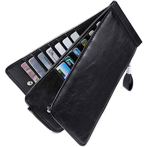 Huztencor Women's Credit Card Holder RFID Blocking Oil Wax Leather Multi Card Organizer Wallet Slim Long Zipper Bi-fold Business Card Case Clutch Wallet with ID Window Black (FBA) - Image 1