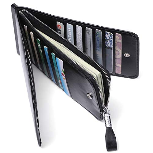 Huztencor Women's Credit Card Holder RFID Blocking Oil Wax Leather Multi Card Organizer Wallet Slim Long Zipper Bi-fold Business Card Case Clutch Wallet with ID Window Black (FBA) - Image 5