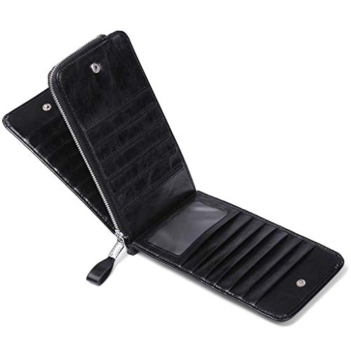 Huztencor Women's Credit Card Holder RFID Blocking Oil Wax Leather Multi Card Organizer Wallet Slim Long Zipper Bi-fold Business Card Case Clutch Wallet with ID Window Black (FBA) - Image 4