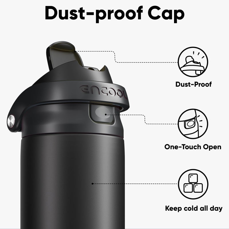ENCOOL Leakproof Insulated Water Bottle with Straw Dual-Sip Water Bottle Bag-Safe Design for Work, Commute & Gym â€“ Keeps Drinks Cold All Day, 32 oz, Jet Black - Image 2