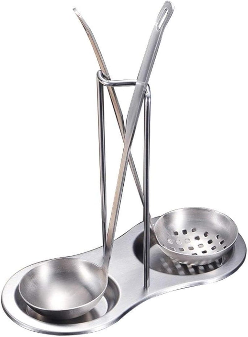 Stainless Steel Standing Spoon Rest with two resting Dishes, Double Spoon Racks, Upright Ladle Holder, Silver