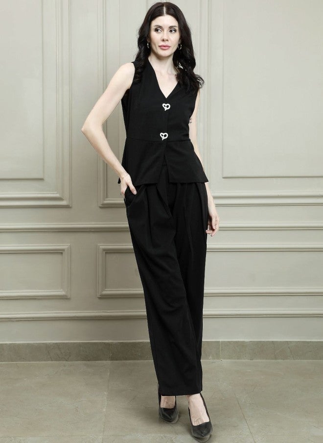 Athena Black V-Neck Waistcoat With Trousers For Women - Image 1
