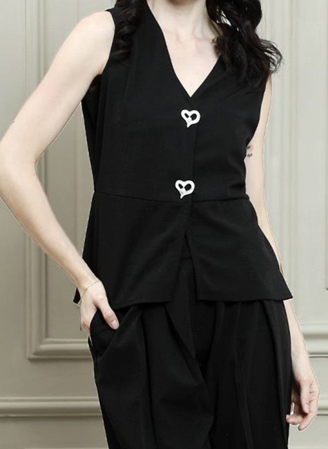 Athena Black V-Neck Waistcoat With Trousers For Women - Image 2