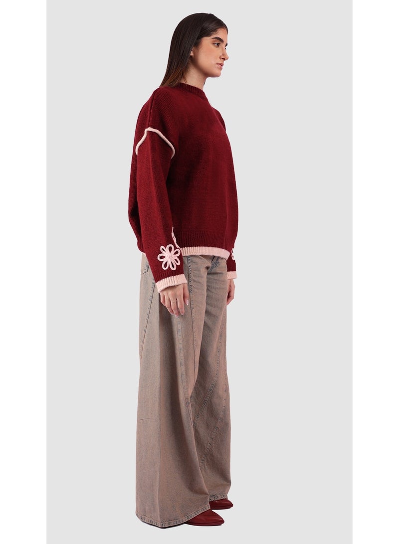 KYVELi Women’s Floral-Accent Ribbed Hem Knit Sweater – Burgandy - Image 3