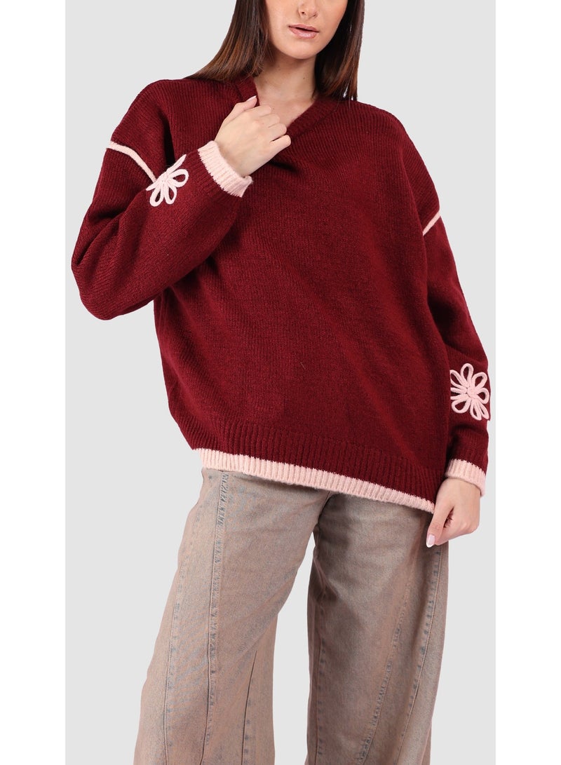 KYVELi Women’s Floral-Accent Ribbed Hem Knit Sweater – Burgandy - Image 1