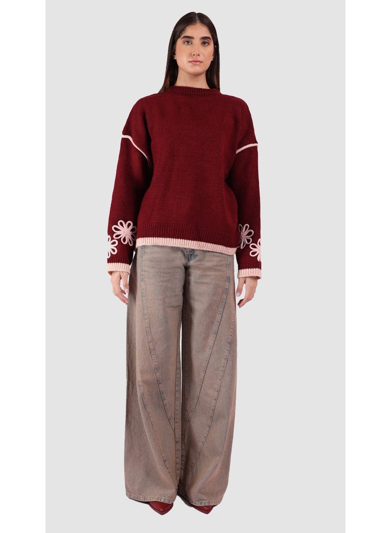 KYVELi Women’s Floral-Accent Ribbed Hem Knit Sweater – Burgandy - Image 2