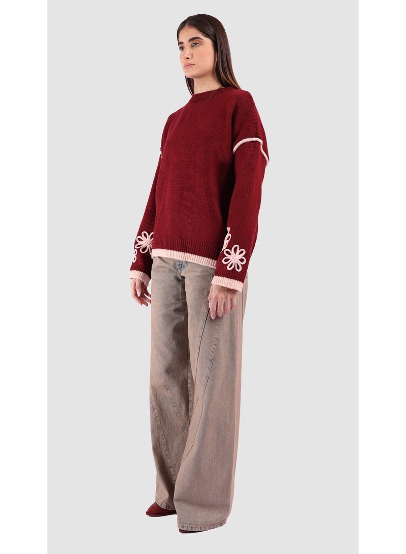 KYVELi Women’s Floral-Accent Ribbed Hem Knit Sweater – Burgandy - Image 5