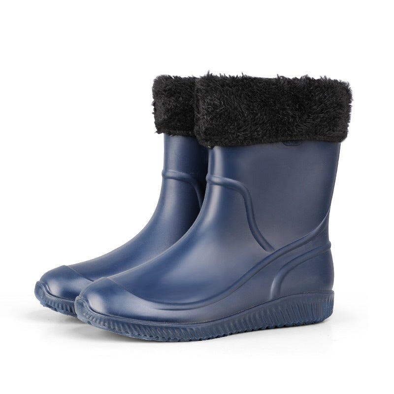 Plush-Lined Mens Rain Boots Pure Blue Plus Cotton 