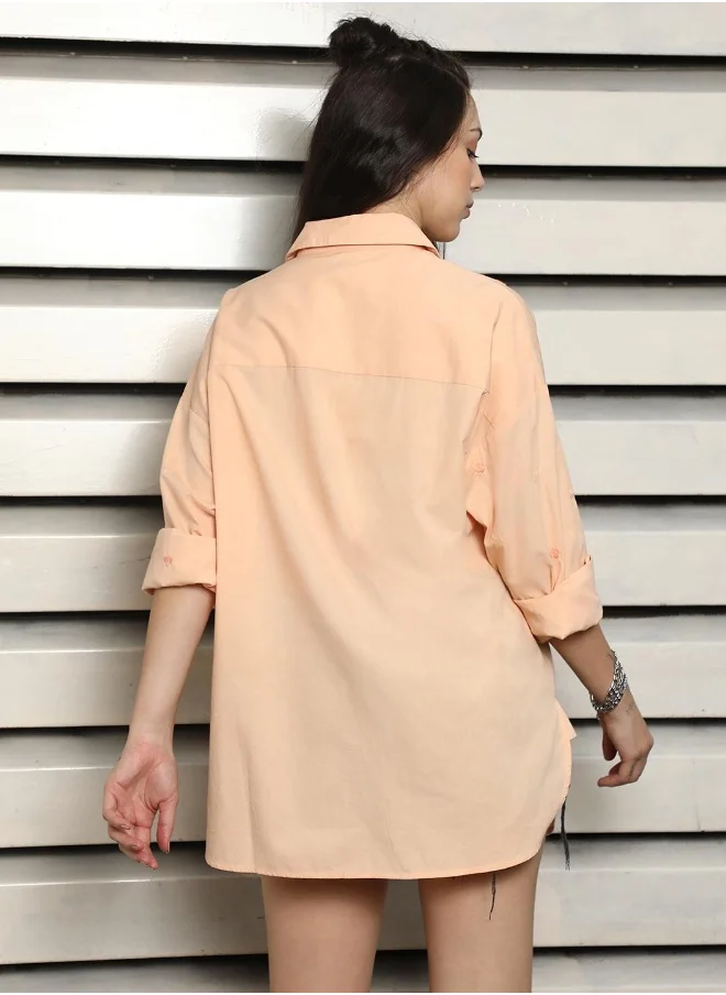هاي ستار Women's Apricot 100% Cotton Embroidered Button Down Oversized Shirt