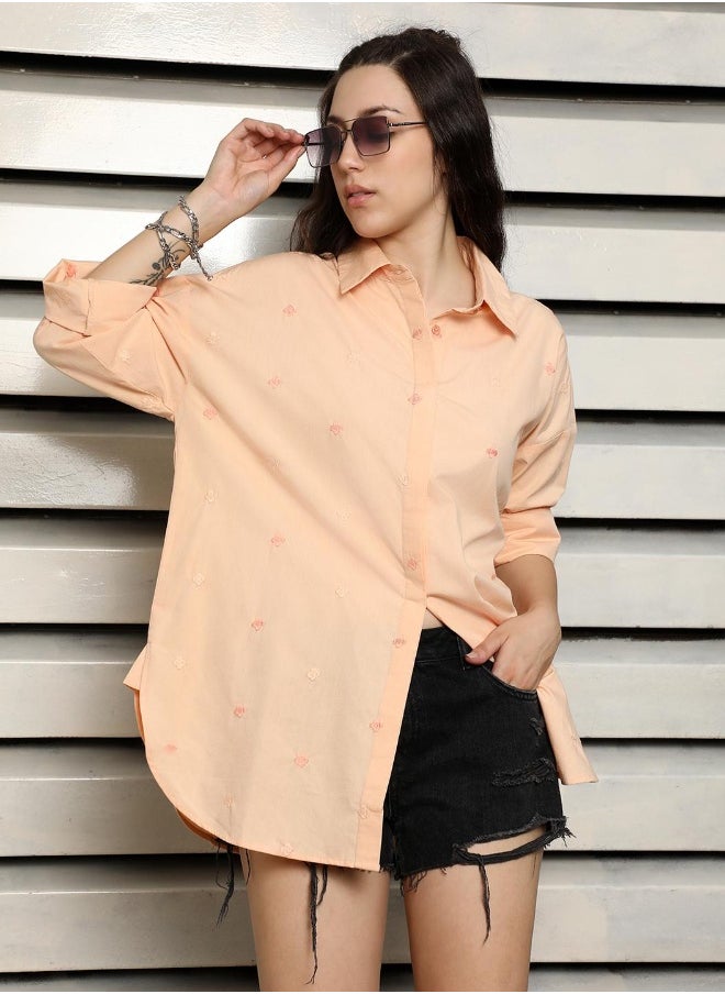 HIGH STAR Women's Apricot 100% Cotton Embroidered Button Down Oversized Shirt  - Image 4