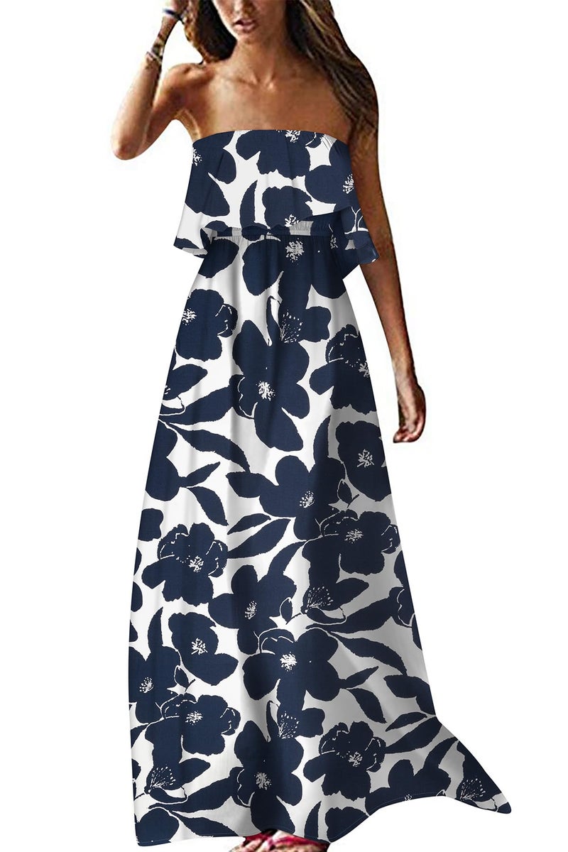 ZMPSIISA Women's Summer Off The Shoulder Maxi Dress Ruffle Strapless Blue White Porcelain Boho Casual Loose Long Dresses(A-Navy Flower,Small) - Image 1