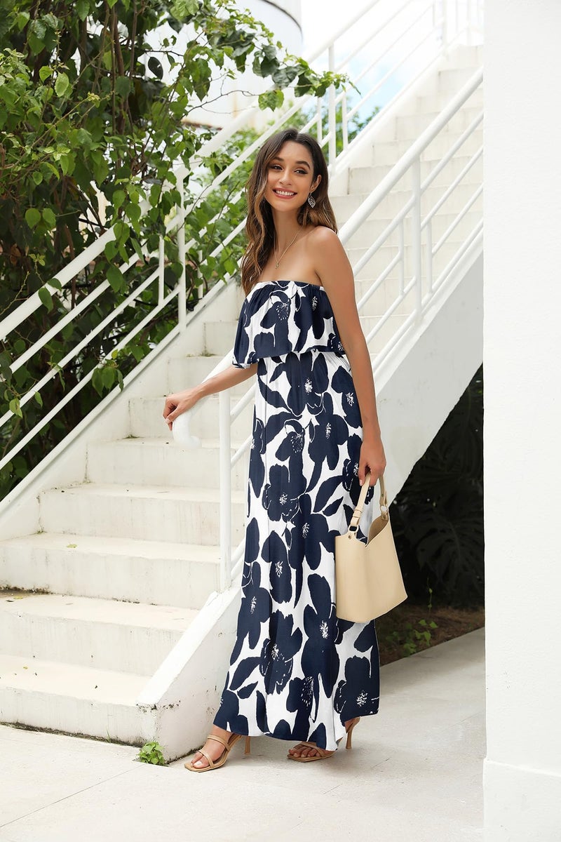 ZMPSIISA Women's Summer Off The Shoulder Maxi Dress Ruffle Strapless Blue White Porcelain Boho Casual Loose Long Dresses(A-Navy Flower,Small) - Image 3