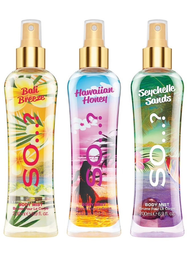 So..? So...? Summer Escapes Women's Body Mist Bundle | 200ml | Pack of 3 | Includes Bali Breeze, Hawaiian Honey & Seychelle Sands | Tropical, Fruity & Floral Scents | Long-Lasting Fragrance Sprays - Image 1
