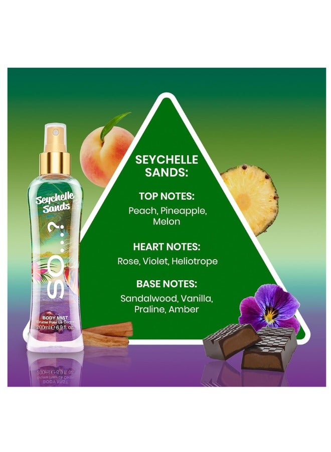 So..? So...? Summer Escapes Women's Body Mist Bundle | 200ml | Pack of 3 | Includes Bali Breeze, Hawaiian Honey & Seychelle Sands | Tropical, Fruity & Floral Scents | Long-Lasting Fragrance Sprays - Image 4