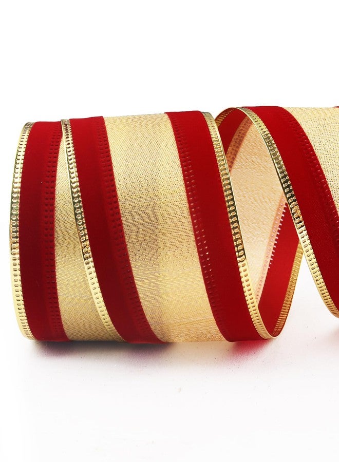 Glodecart Christmas Gold Ribbon for Wreath Bow Wedding Wrapping Gift, Red Velvet Gold Edge Ribbon for Gift Wrapping Party Supplies Decoration DIY 2.5" X 10 Yard Wired Winter Christmas Wreath Ribbons - Image 1
