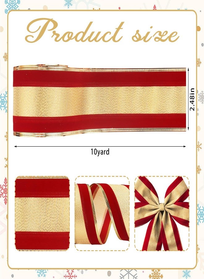 Glodecart Christmas Gold Ribbon for Wreath Bow Wedding Wrapping Gift, Red Velvet Gold Edge Ribbon for Gift Wrapping Party Supplies Decoration DIY 2.5" X 10 Yard Wired Winter Christmas Wreath Ribbons - Image 2