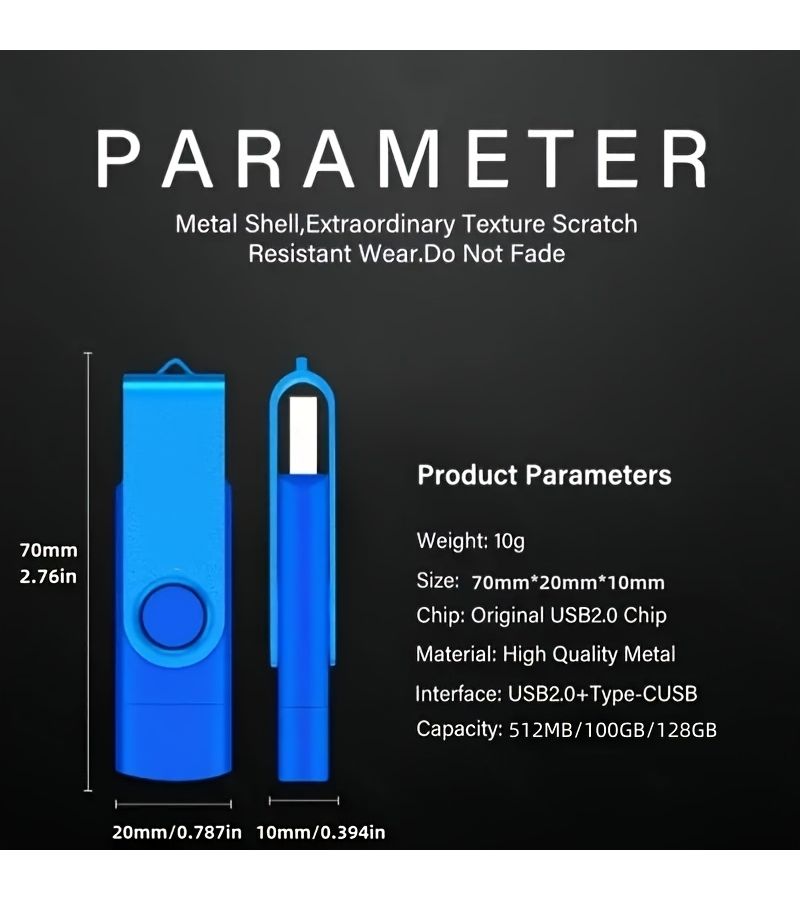 High Speed 2 in 1 Type C and USB 2.0 Flash Drive 512MB Blue Metal Casing - Image 5
