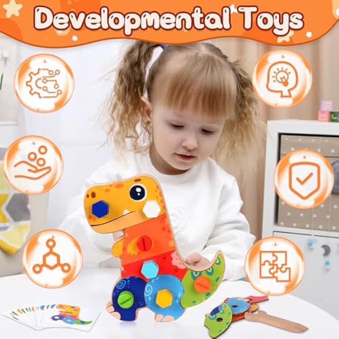 MONTESSORI DINOSAUR WOODEN SCREW BOARD TOY,WOODEN BUSY BOARD FOR CHILDREN,WOODEN DINOSAUR TOYS FOR KIDS,MOTOR SKILLS TOY,LEARNING ACTIVITIES FOR TODDLERS,LEARNING TOY GIFT FOR 3 4 5 YEAR OLD BOY GIRL - Image 3