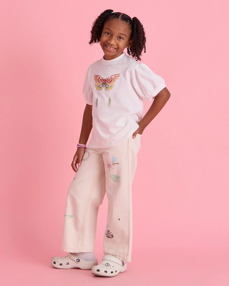 Redtag Girls Ivory Printed Wide Leg Jeans