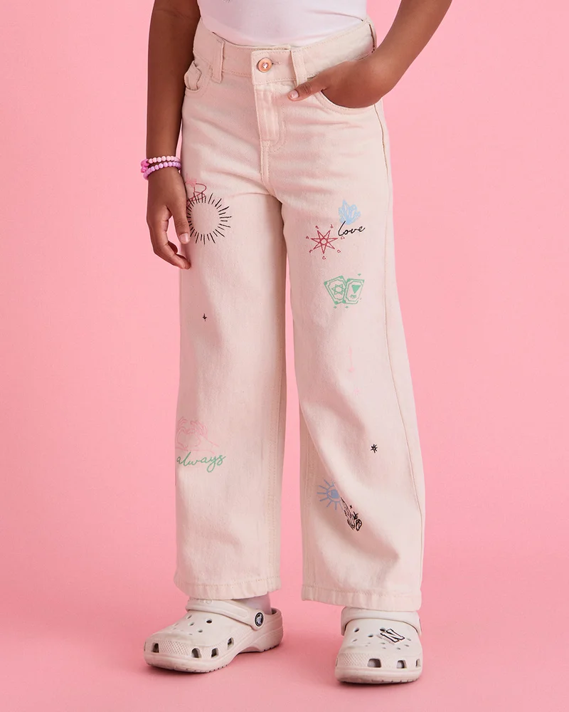 Redtag Girls Ivory Printed Wide Leg Jeans