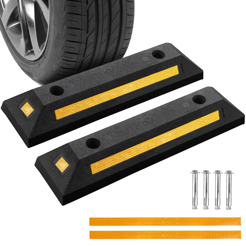 Acymner 2 Pack Rubber Parking Guide Blocks  Heavy Duty Black Parking Blocks Parking Target Guide with Yellow Reflective Stripes Wheel Stop Stoppers for Car Truck RV Trailer and Garage 2 Pack
