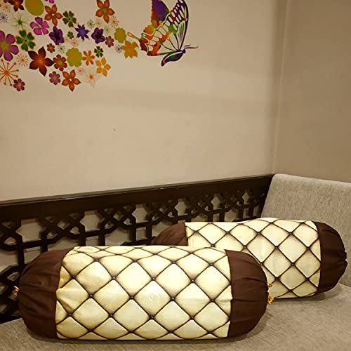 Belive-Me Geometric Design Satin Fabric Standard Size Bolster Cover or Maslan Cover for Diwan Long Pillow (Set of 2, Beige) - Image 1