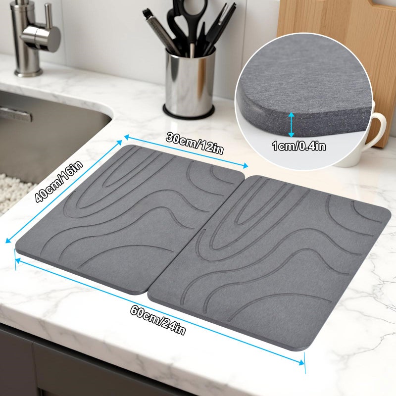 Blaithom Stone Drying Mat for Kitchen Counter,2 Pack 16''x12'' Quick Dish Drying Stone Mat Kitchen,Double-sided Diatomaceous Earth Stone Drying Mat,No Moisture Residue, Stone Dish Drying Mat (Curved Stripes) - Image 3