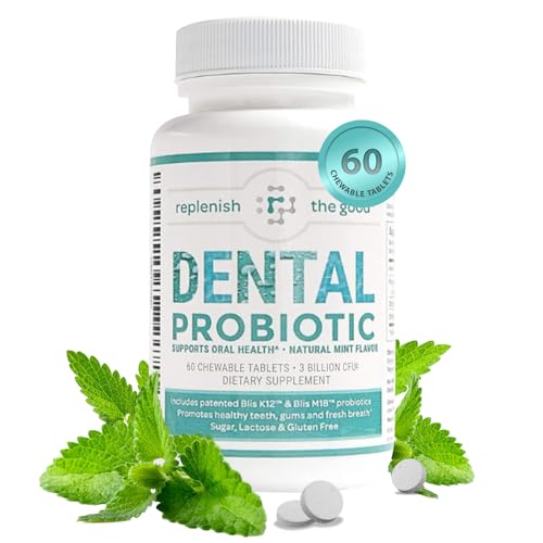 Replenish the Good Dental Oral Probiotic 60 Chewable Tablets Supplements wBLIS K12 M18 Bad Breath Treatment for Adults Boosts Oral Health Fights Halitosis Tooth Decay Strep Throat Mint Flavor 