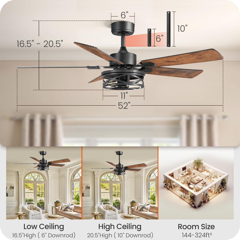 GOEBLESON 52 Inch Farmhouse Ceiling Fan with Lights and Remote, Timer, Dual Finish 5 Blades (Walnut and Black), 6 Speeds, Reversible DC Motor, Rustic & Industrial Caged Ceiling Fan for Bedroom ZB01CF05 - Image 3