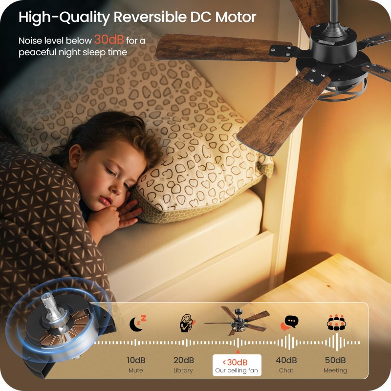 GOEBLESON 52 Inch Farmhouse Ceiling Fan with Lights and Remote, Timer, Dual Finish 5 Blades (Walnut and Black), 6 Speeds, Reversible DC Motor, Rustic & Industrial Caged Ceiling Fan for Bedroom ZB01CF05 - Image 5