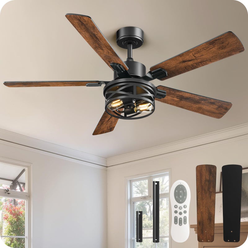GOEBLESON 52 Inch Farmhouse Ceiling Fan with Lights and Remote, Timer, Dual Finish 5 Blades (Walnut and Black), 6 Speeds, Reversible DC Motor, Rustic & Industrial Caged Ceiling Fan for Bedroom ZB01CF05 - Image 1