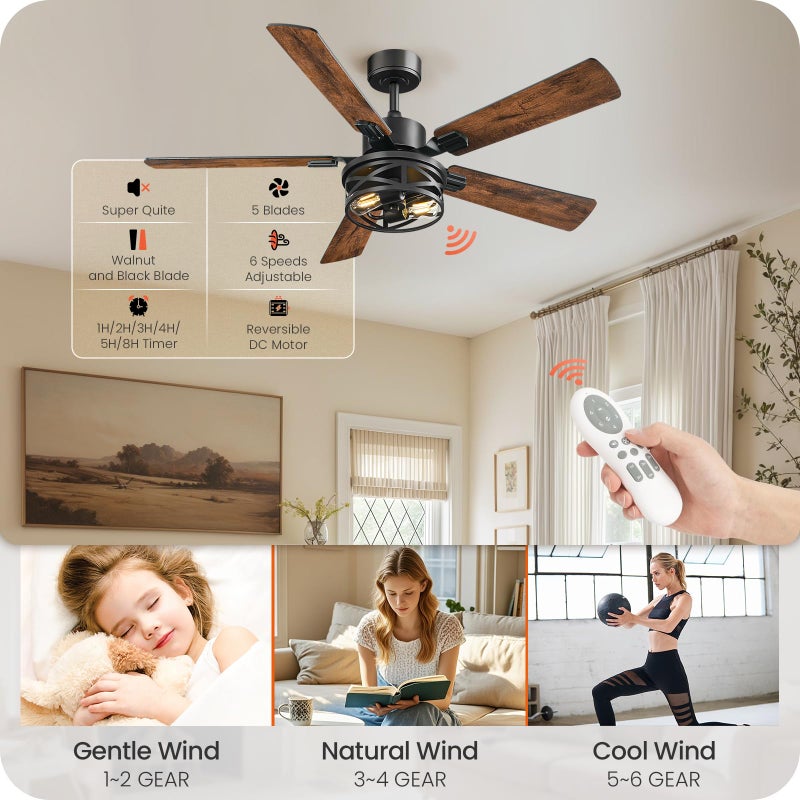 GOEBLESON 52 Inch Farmhouse Ceiling Fan with Lights and Remote, Timer, Dual Finish 5 Blades (Walnut and Black), 6 Speeds, Reversible DC Motor, Rustic & Industrial Caged Ceiling Fan for Bedroom ZB01CF05 - Image 4